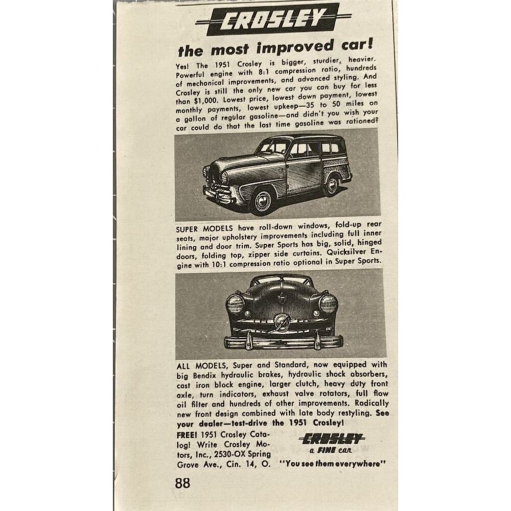 Crosley "The Most Improved Car! Bigger Studier Heavier" Vintage Print Ad 1951